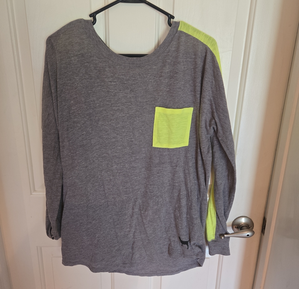 PINK Victoria's Secret Gray Long-Sleeve Tee with Neon Yellow Pocket